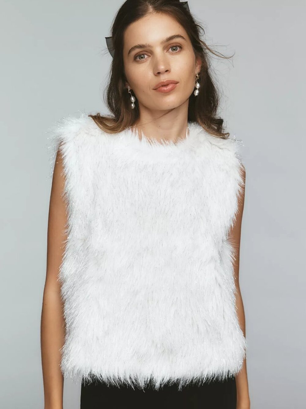 Anthropologie Maeve Shimmered Faux Fur Sleeveless Mock-Neck Top, White, XL
